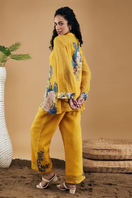 Shop_Soup By Sougat Paul_Yellow Handloom Cotton Applique, Embroidery Bandeau Zinnia Pant Co-ord Set _Online_at_Aza_Fashions