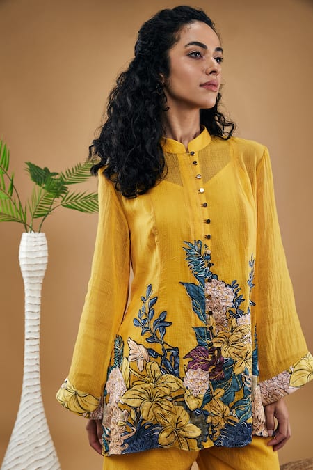 Soup By Sougat Paul_Yellow Handloom Cotton Applique, Embroidery Bandeau Zinnia Pant Co-ord Set _at_Aza_Fashions