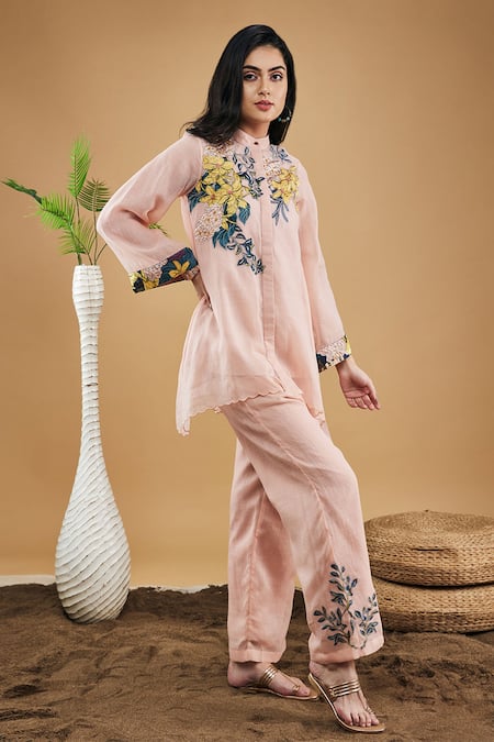 Soup By Sougat Paul_Peach Handloom Cotton Applique, Embroidery Zinnia High-low Shirt With Pant _Online_at_Aza_Fashions