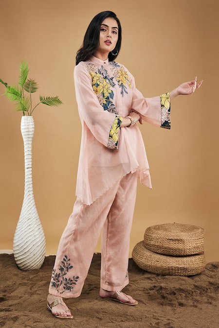 Buy_Soup By Sougat Paul_Peach Handloom Cotton Applique, Embroidery Zinnia High-low Shirt With Pant _Online_at_Aza_Fashions