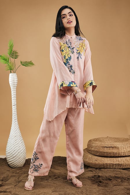 Shop_Soup By Sougat Paul_Peach Handloom Cotton Applique, Embroidery Zinnia High-low Shirt With Pant _Online_at_Aza_Fashions