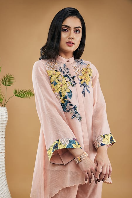 Soup By Sougat Paul_Peach Handloom Cotton Applique, Embroidery Zinnia High-low Shirt With Pant _at_Aza_Fashions