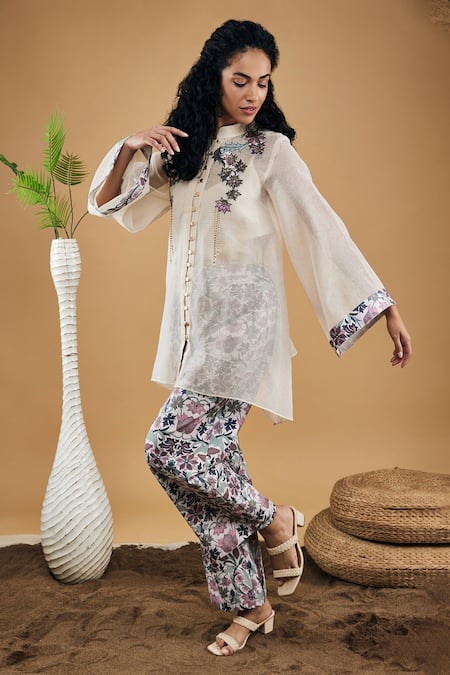 Soup By Sougat Paul_Off White Linen, Handloom Cotton Applique Bandeau Pastel Floral Shirt With Pant _Online_at_Aza_Fashions