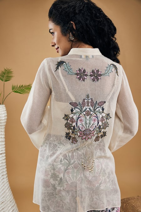 Shop_Soup By Sougat Paul_Off White Linen, Handloom Cotton Applique Bandeau Pastel Floral Shirt With Pant _Online_at_Aza_Fashions