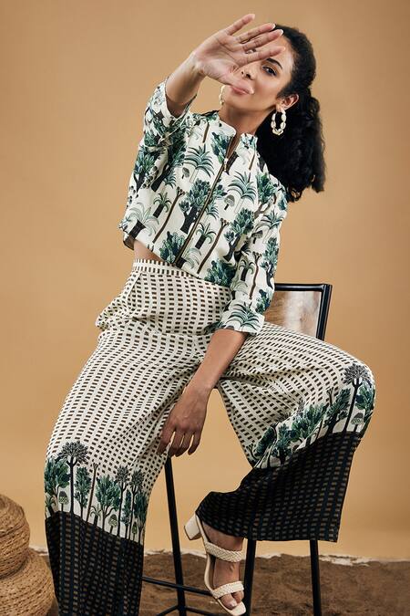 Shop_Soup By Sougat Paul_White Bandeau Neck Palm Bay Printed Top And Flared Pant Set _Online_at_Aza_Fashions