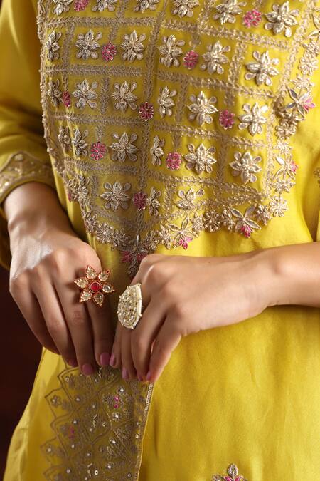 Shop_Charu Makkar_Yellow Chanderi Silk, Dupatta Organza Floral Embroidered Kurta Sharara Set_Online_at_Aza_Fashions