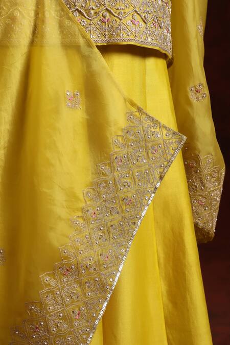 Shop_Charu Makkar_Yellow Chanderi Silk, Dupatta Organza Floral Embroidered Kurta Sharara Set