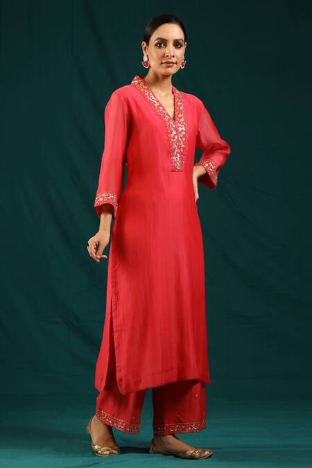 Buy_Charu Makkar_Coral Soft Chanderi Sequins V Neck Kurta And Palazzo Set_Online_at_Aza_Fashions