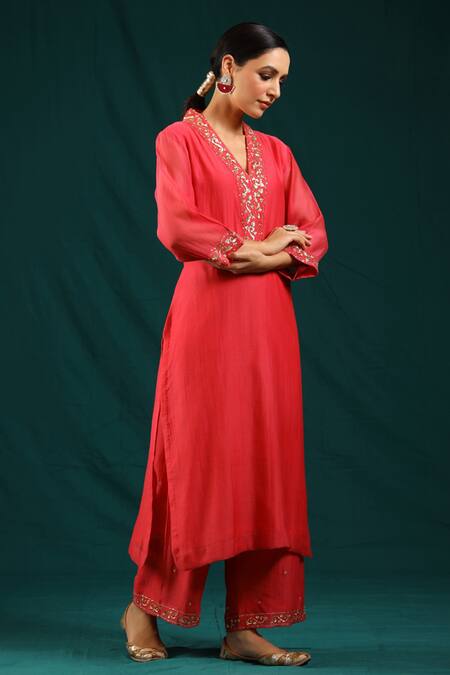 Shop_Charu Makkar_Coral Soft Chanderi Sequins V Neck Kurta And Palazzo Set_Online_at_Aza_Fashions