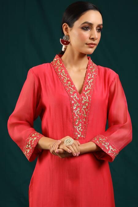 Buy_Charu Makkar_Coral Soft Chanderi Sequins V Neck Kurta And Palazzo Set