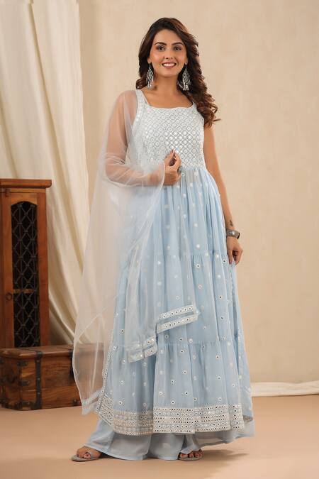 Shop_Bairaas_Blue Georgette Embroidered Mirror And Thread Work Square Neck Anarkali Set_Online_at_Aza_Fashions