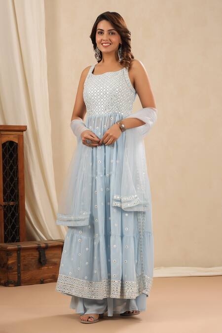 Buy_Bairaas_Blue Georgette Embroidered Mirror And Thread Work Square Neck Anarkali Set