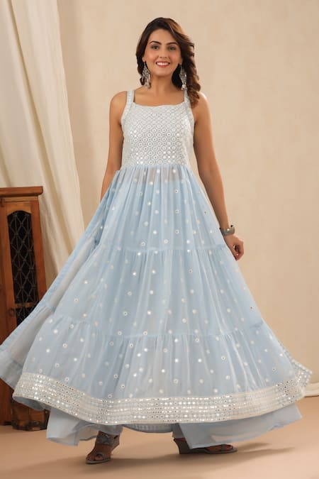 Bairaas_Blue Georgette Embroidered Mirror And Thread Work Square Neck Anarkali Set_Online_at_Aza_Fashions