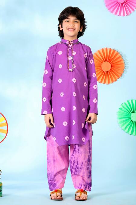 Shop_Cute Couture_Purple Cotton Lace Bandhani Print Kurta Salwar Set _Online_at_Aza_Fashions