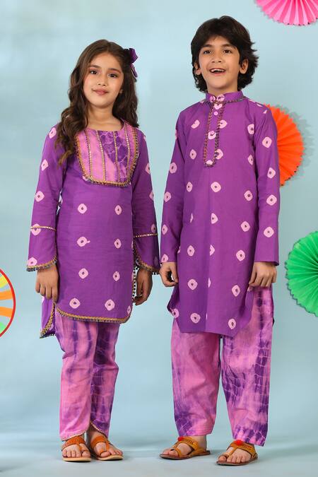 Cute Couture_Purple Cotton Lace Bandhani Print Kurta Salwar Set _at_Aza_Fashions