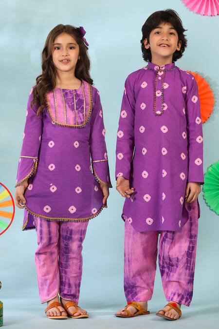 Buy_Cute Couture_Purple Cotton Lace Bandhani Print Kurta Salwar Set 