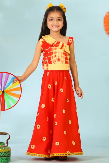 Shop_Cute Couture_Yellow Cotton Shibori Print Top And Palazzo Set _Online_at_Aza_Fashions