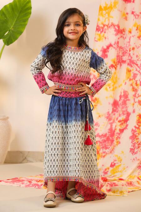 Shop_Cute Couture_Pink Cotton Lace, Tassels Leaf Print Top And Asymmetric Skirt Set _Online_at_Aza_Fashions