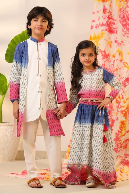Cute Couture_Pink Poplin, Cotton Embroidery Leaf Print Layered Kurta And Pant Set _at_Aza_Fashions