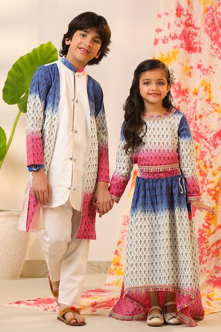 Buy_Cute Couture_Pink Poplin, Cotton Embroidery Leaf Print Layered Kurta And Pant Set 