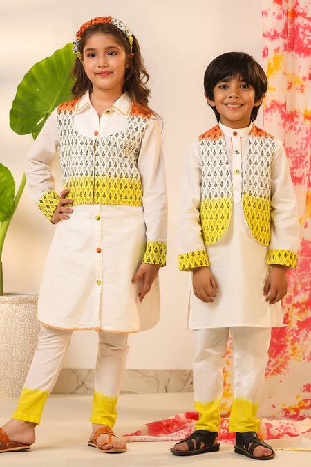 Cute Couture_Yellow Poplin, Cotton Embroidery Leaf Print Blouse With Kurta Set _at_Aza_Fashions