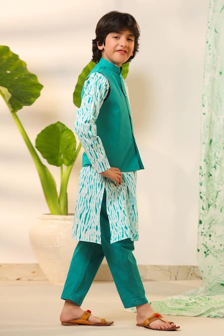 Shop_Cute Couture_Green Poplin, Cotton Shibori Printed Bundi Kurta Set _Online_at_Aza_Fashions