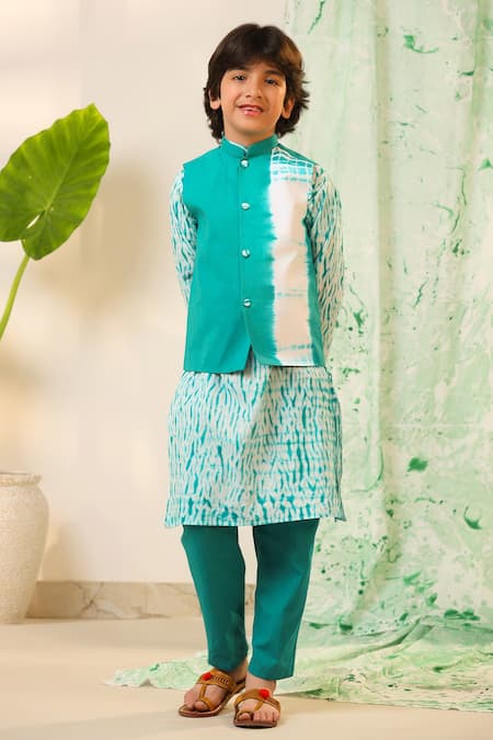 Cute Couture_Green Poplin, Cotton Shibori Printed Bundi Kurta Set _at_Aza_Fashions