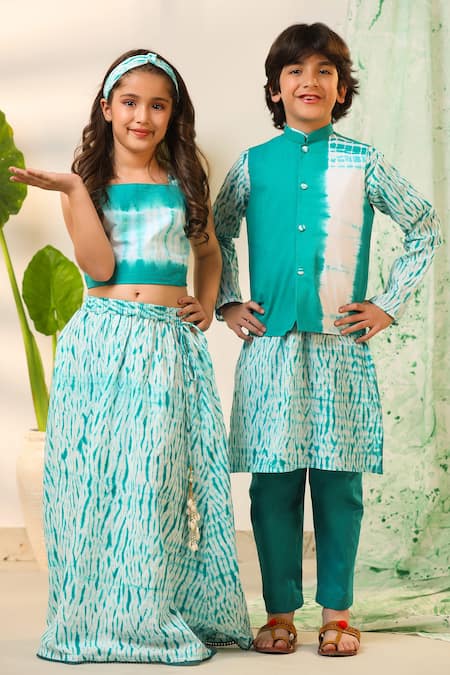 Buy_Cute Couture_Green Poplin, Cotton Shibori Printed Bundi Kurta Set 