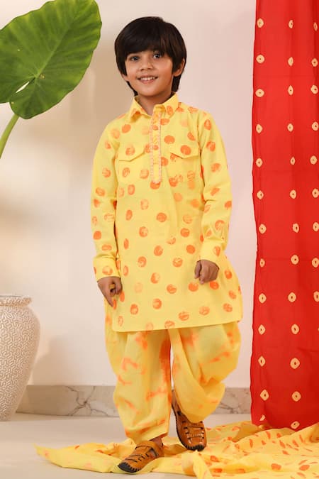 Shop_Cute Couture_Yellow Poplin, Cotton Polka Dot Pathani Kurta And Salwar Set _Online_at_Aza_Fashions