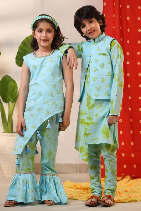 Buy_Cute Couture_Green Cotton, Poplin Geometric Print Kurta Set With Nehru Jacket _Online_at_Aza_Fashions