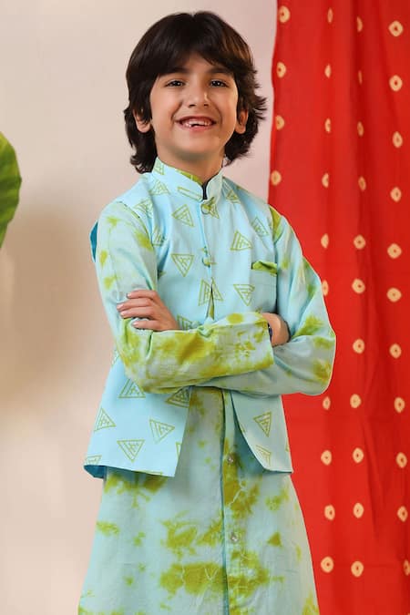 Shop_Cute Couture_Green Cotton, Poplin Geometric Print Kurta Set With Nehru Jacket _Online_at_Aza_Fashions