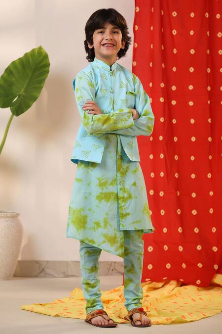 Cute Couture_Green Cotton, Poplin Geometric Print Kurta Set With Nehru Jacket _at_Aza_Fashions
