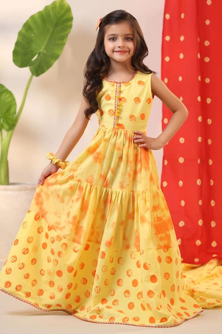 Cute Couture_Yellow Poplin, Cotton Pom-poms Polka And Tie Dye Print Tiered Dress _Online_at_Aza_Fashions