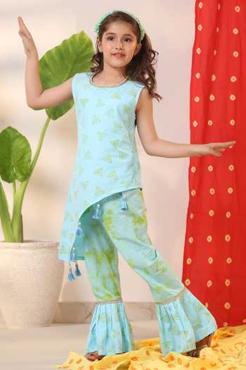 Buy_Cute Couture_Green Poplin, Cotton Tassels Geometric Print Kurta And Palazzo Set _Online_at_Aza_Fashions