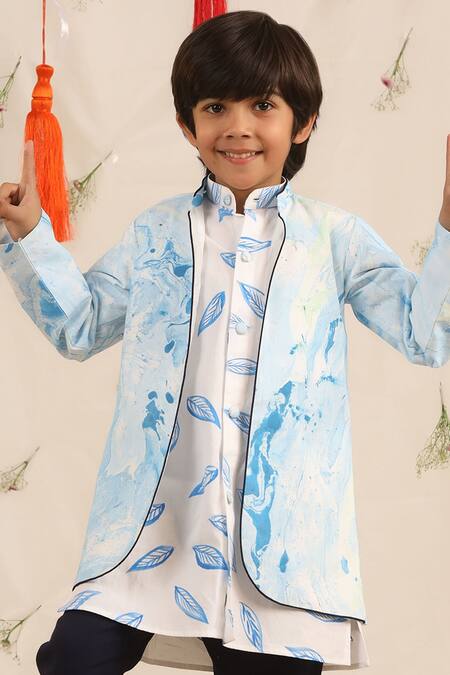 Cute Couture_White Cotton, Poplin Brush Paint Pattern Jacket And Kurta Set _Online_at_Aza_Fashions