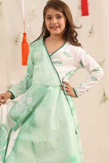 Shop_Cute Couture_White Poplin, Cotton Tassels Brush Paint Pattern Angarkha And Pant Set _Online_at_Aza_Fashions