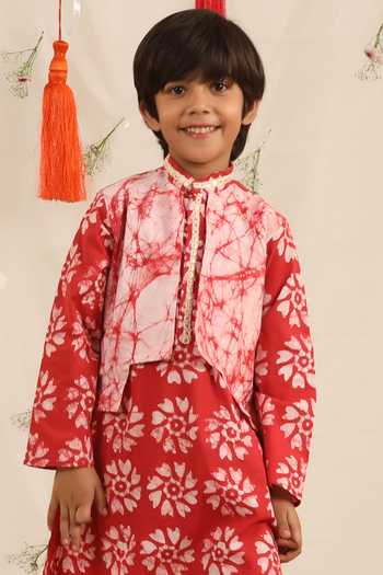 Cute Couture_Red Poplin Embroidery Printed Jacket Kurta And Pant Set _Online_at_Aza_Fashions