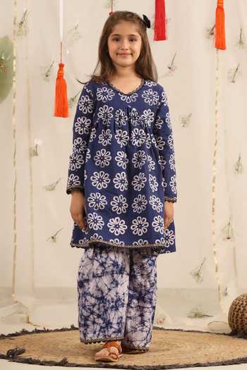 Cute Couture_Blue Poplin, Cotton Lace Floral Print Kurta And Sharara Set _Online_at_Aza_Fashions