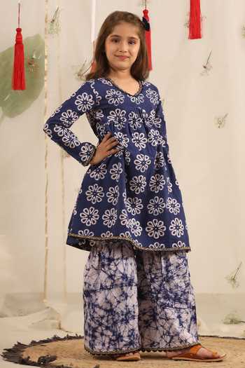Buy_Cute Couture_Blue Poplin, Cotton Lace Floral Print Kurta And Sharara Set _Online_at_Aza_Fashions