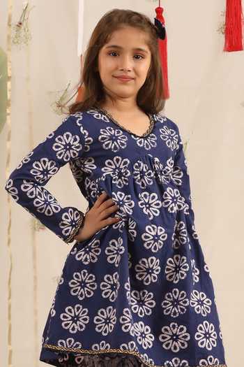 Shop_Cute Couture_Blue Poplin, Cotton Lace Floral Print Kurta And Sharara Set _Online_at_Aza_Fashions