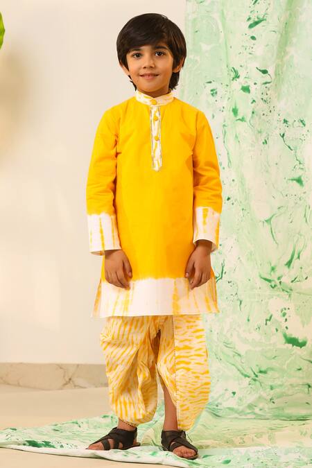 Cute Couture_Yellow Cotton Gota Patti Shibori Placement Print Kurta And Dhoti Pant Set _Online_at_Aza_Fashions