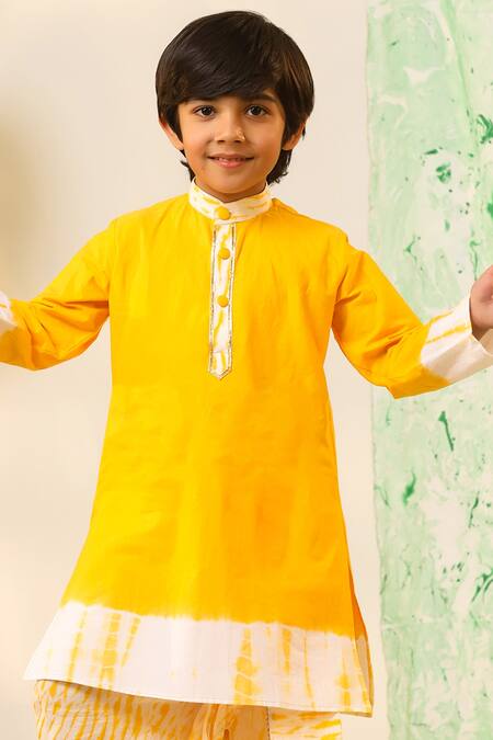 Buy_Cute Couture_Yellow Cotton Gota Patti Shibori Placement Print Kurta And Dhoti Pant Set _Online_at_Aza_Fashions