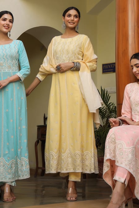 Bairaas_Yellow Rayon Embroidery, Lace Round Neck Chevron And Stripe Anarkali Set _Online_at_Aza_Fashions
