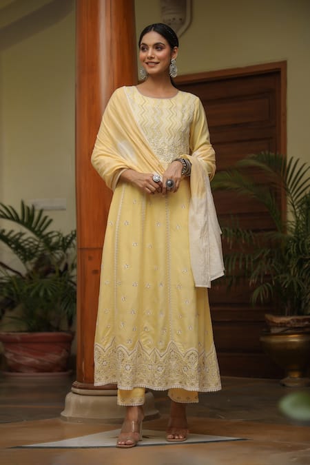 Buy_Bairaas_Yellow Rayon Embroidery, Lace Round Neck Chevron And Stripe Anarkali Set _Online_at_Aza_Fashions