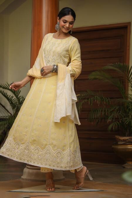 Shop_Bairaas_Yellow Rayon Embroidery, Lace Round Neck Chevron And Stripe Anarkali Set _Online_at_Aza_Fashions
