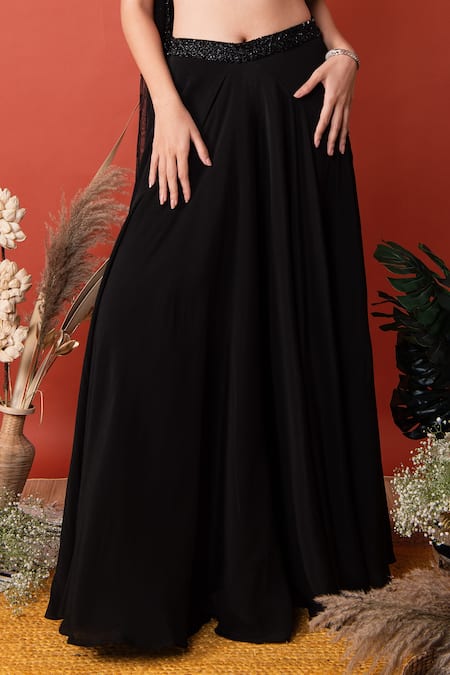 Label Shristi Chetani_Black Net, Crepe Sweetheart Neck Hand Embroidered Blouse Lehenga Set_Online_at_Aza_Fashions