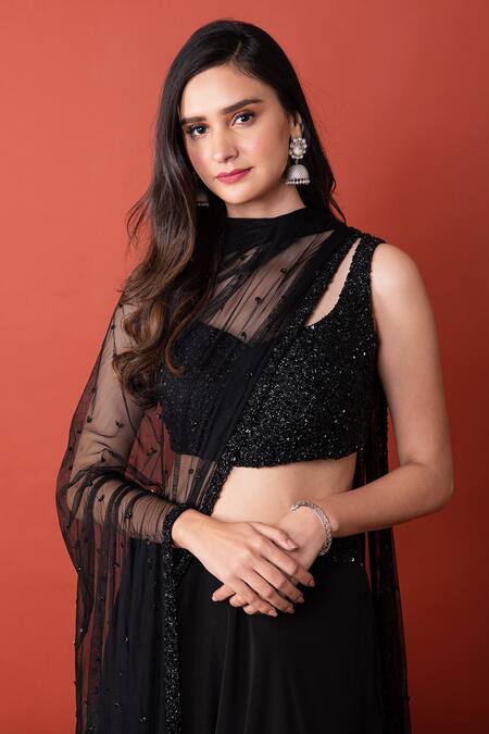 Buy_Label Shristi Chetani_Black Net, Crepe Sweetheart Neck Hand Embroidered Blouse Lehenga Set_Online_at_Aza_Fashions