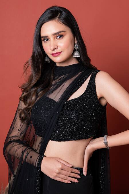 Shop_Label Shristi Chetani_Black Net, Crepe Sweetheart Neck Hand Embroidered Blouse Lehenga Set_Online_at_Aza_Fashions