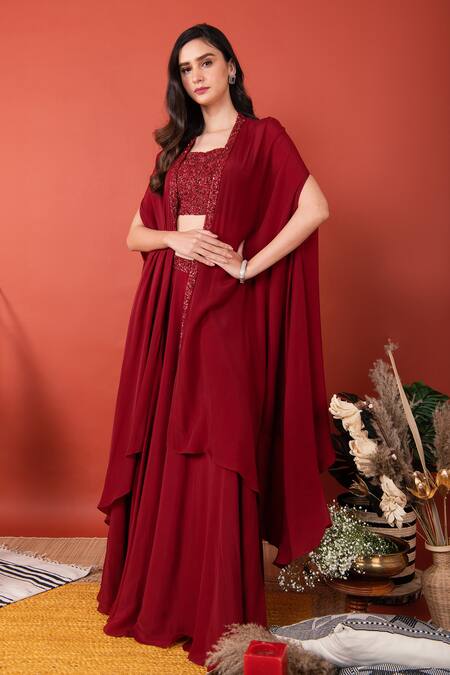 Label Shristi Chetani_Maroon Crepe Sweetheart Neck Hand Embroidered Cape With Lehenga Set_Online_at_Aza_Fashions