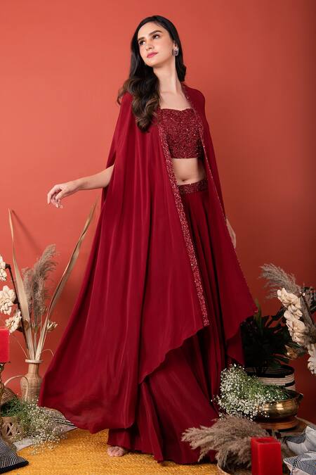Buy_Label Shristi Chetani_Maroon Crepe Sweetheart Neck Hand Embroidered Cape With Lehenga Set_Online_at_Aza_Fashions
